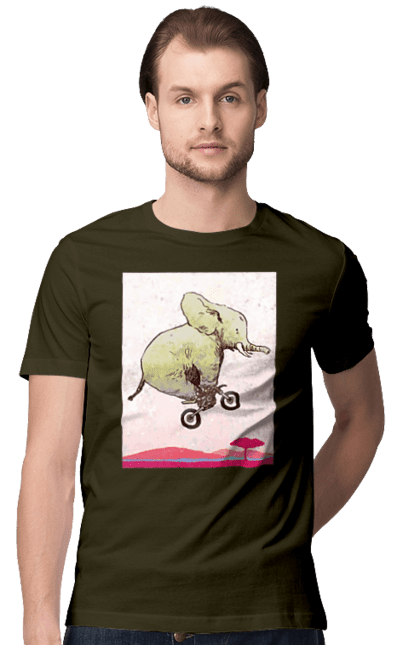 Men`s t-shirt with prints Elephant On A Motorcycle. Elephant, flight, motorcycle. 2070702
