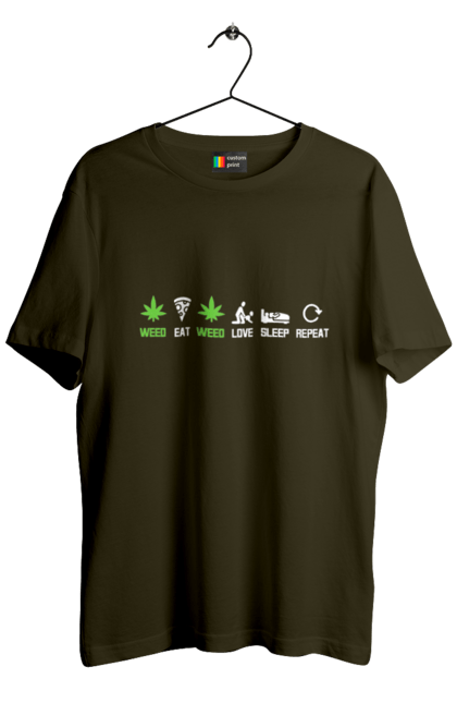Футболка чоловіча з принтом "Їсти , любити, спати, повторити". Їсти, коноплі, любов, піца, повторити, секс, сон, спати, трава. 2070702