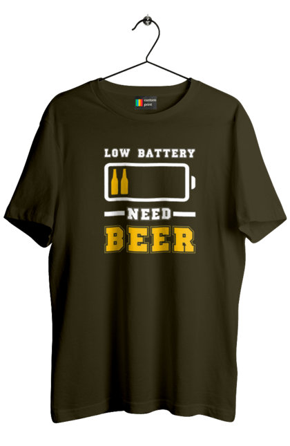 Футболка чоловіча з принтом "Low battery need beer". Алкоголь, брутальні, літні, пиво, прикольні принти, чоловічі. 2070702