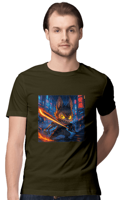 Футболка чоловіча з принтом "Лабубу". Аніместиль, дія, катана, кіберніндзя, кіберпанк, лабубу, меч, неонове місто, очі` що світяться. 2070702