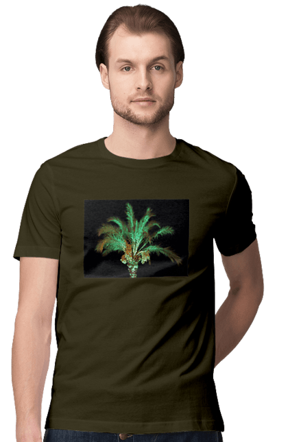 Футболка чоловіча з принтом "Фінікова Пальма Вночі". Берег, відпочинок, відпустка, зелений, море, ніч, оазис, океан, острів, пальма, південь, подорож, пригоди, тропіки, фінікова, чорне. 2070702