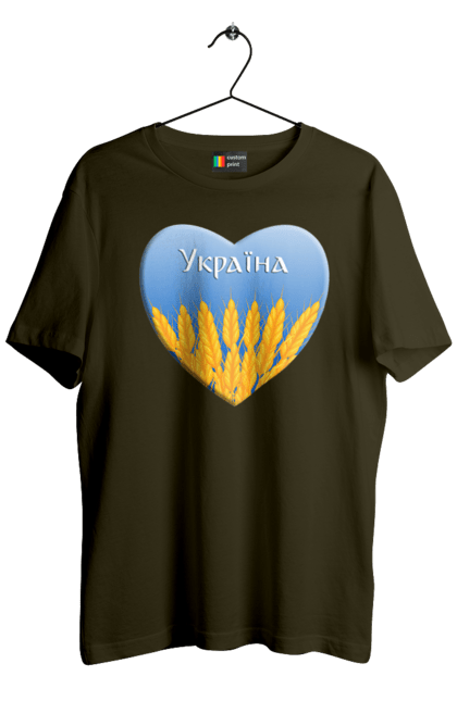 Футболка чоловіча з принтом "Серце з колосками Україна". Воля, колоски, небо, перемога, прапор україни, пшениця, серце, символ україни, україна. 2070702