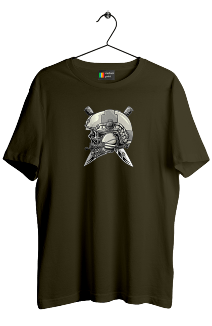 Футболка чоловіча з принтом "Череп пілота". Військовий, захисник, ніж, пілот, череп, шолом. 2070702