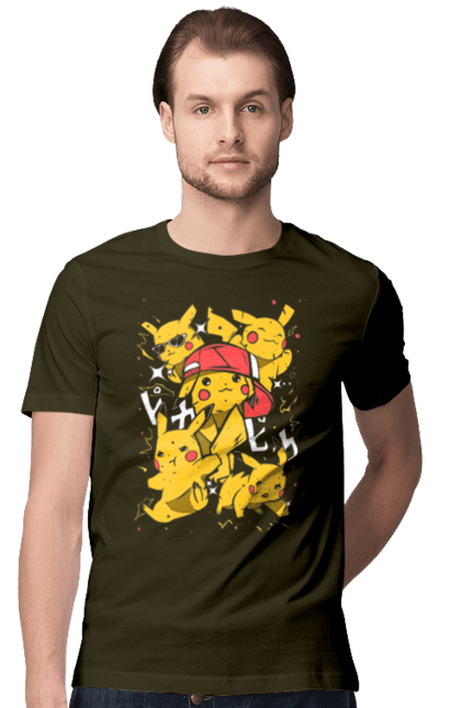 Men's t-shirt with prints Pikachu. Anime, game, manga, nintendo, pikachu, pokemon. 2070702