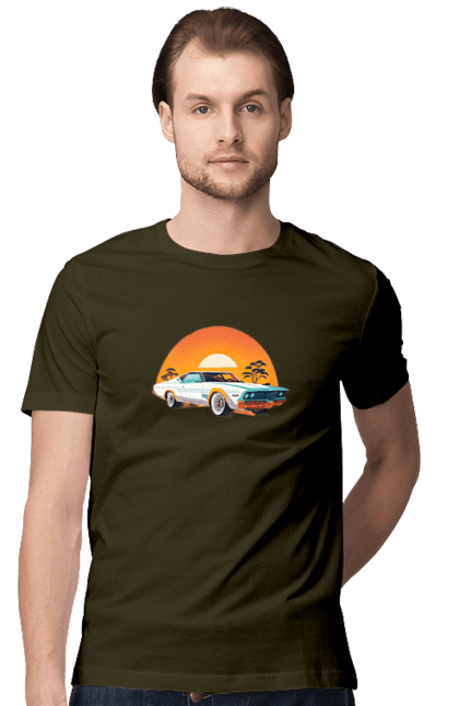 Футболка чоловіча з принтом "Гарне авто на закаті". Авто, закат, солнце. 2070702