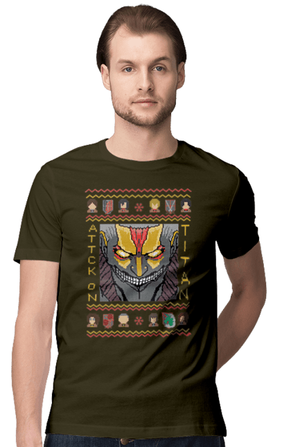 Футболка мужская с принтом Ugly Sweater Attack On Titan2. Аниме, атака титанов, боевик, бронированный гигант, драма, манга, постапокалиптика, райнер, райнер браун, рождество. 2070702