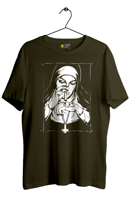 Футболка чоловіча з принтом "Монашка нюхає порошок". Крута, метал, модна, молодіжна, популярна, рок, хрест, черниця, черниця нюхає порошок. 2070702