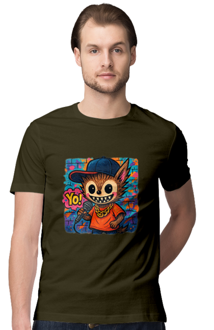 Футболка чоловіча з принтом "Лабубу". Бейсболка, вуличне мистецтво, графіті, золотийланцюг, лабубу, мікрофон, міський стиль, репатмосфера, хіпхоп, яскраво. 2070702