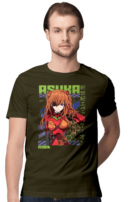 Men's t-shirt with prints Evangelion Asuka. Anime, asuka, asuka langley sorry, eva 02, evangelion, eve, kaoru, manga, ray, shinji. 2070702