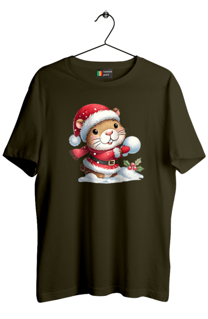 Men's t-shirt with prints Capybara playing snowballs. Animal, capybara, christmas, christmas capybara, game, gift, holiday, new year, santa, snowballs. 2070702