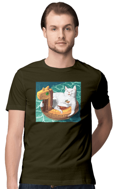 Футболка чоловіча з принтом "Білий кіт у плавальному колі, на відпочинку". Басейн, відпочинок, кіт, коктейль, море, плавальний круг. 2070702