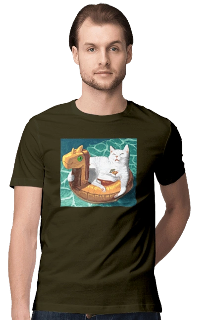 Білий кіт у плавальному колі, на відпочинку