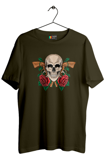 Men's t-shirt with prints Skull with roses. Bones, eyes, flowers, gun, leaves, rose flower, scull, spikes, teeth. 2070702