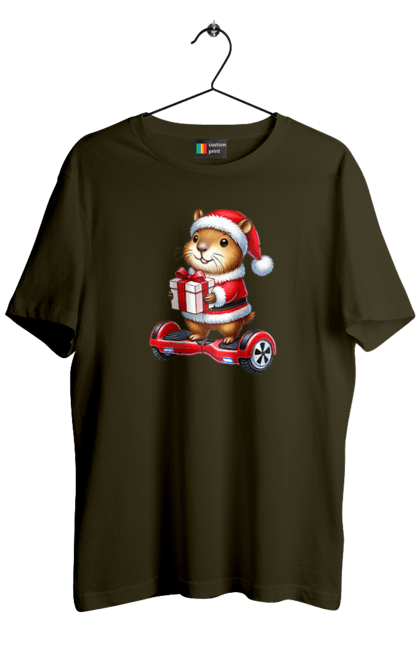 Men's t-shirt with prints Christmas Capybara with a Gift. Animal, capybara, christmas, christmas capybara, gift, holiday, new year, new year`s gift, santa. 2070702