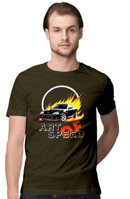 Men`s t-shirt with prints Car on fire. Auto, car on fire, drift, race, speed, sport, sports car. 2070702