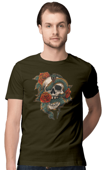 Men's t-shirt with prints Skull with a snake. Bones, flowers, roses, scales, scull, snake, spikes, teeth. 2070702