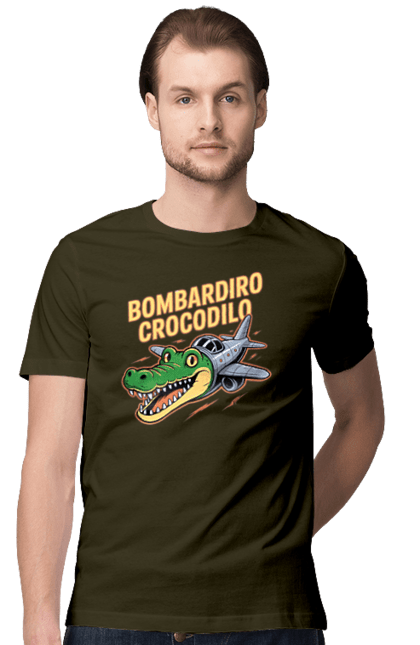 Футболка чоловіча з принтом "Bombardino Crocodilo". Bombardino, bombardino crocodilo, crocodilo, бомбардиро крокодило, бомбардіно крокоділо, крокодил, крокодил літак, крокодил мем, мем бомбардине крокодило, меми. 2070702