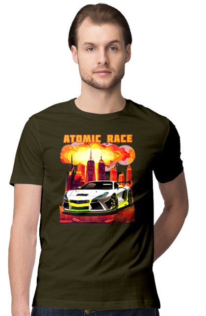 Men`s t-shirt with prints Atomic race. Atomic race, automobile, car, race, racing cars, sport car, sports car. 2070702