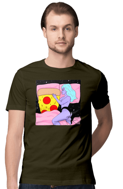 Men`s t-shirt with prints Purple Girl And Pizza. Bed, girl, pizza. 2070702