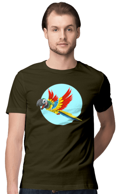 Футболка чоловіча з принтом "Папуга". Барвистий папуга, какаду, кольоровий папуга, папуга, що летить. 2070702