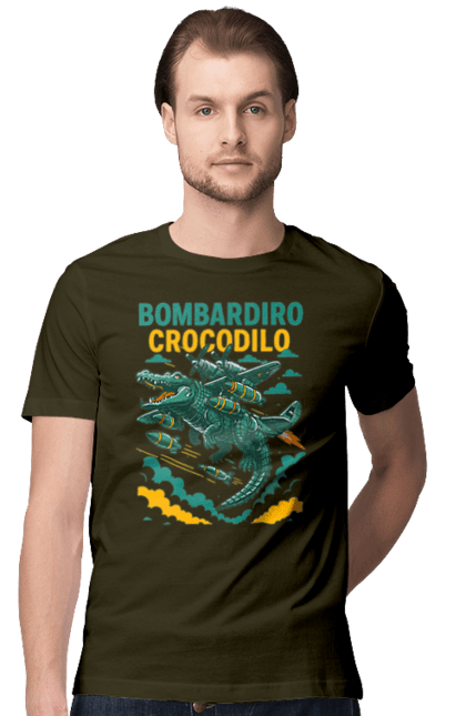 Футболка чоловіча з принтом "Bombardino Crocodilo". Bombardino, bombardino crocodilo, crocodilo, бомбардіно крокоділо, крокодил, крокодил літак, крокодил мем, мем, мем бомбардине крокодило. 2070702