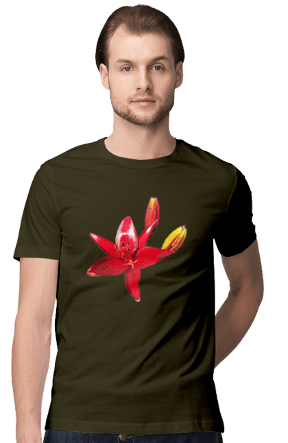 Men`s t-shirt with prints Red lily. Bright, bud, buds, color, flower, lily, nature, red, red flower, red lily, sunny. 2070702