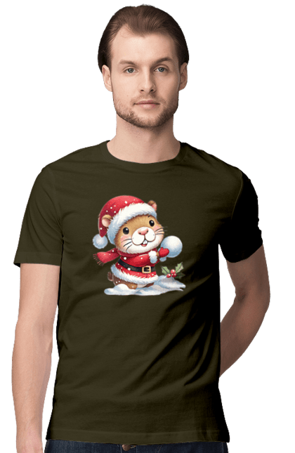 Men's t-shirt with prints Capybara playing snowballs. Animal, capybara, christmas, christmas capybara, game, gift, holiday, new year, santa, snowballs. 2070702