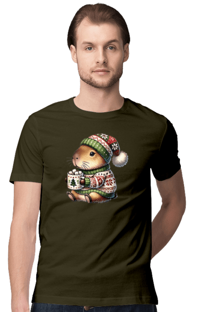 Men's t-shirt with prints Capybara with hot chocolate. Animal, capybara, christmas, christmas capybara, gift, holiday, hot chocolate, new year, santa. 2070702