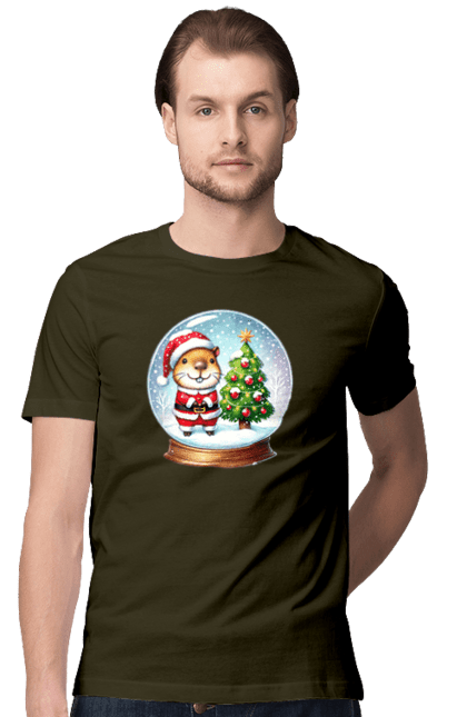 Men's t-shirt with prints Christmas Capybara with a Tree. Animal, capybara, christmas, christmas capybara, christmas tree, gift, holiday, new year, new year`s gift, santa. 2070702