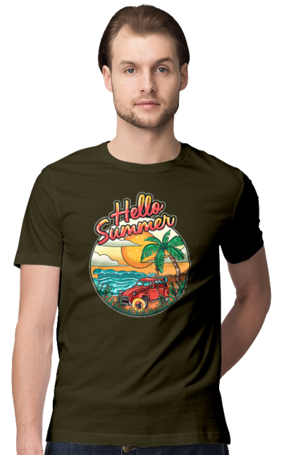 Men`s t-shirt with prints Hello Summer, Car By The Sea. Beach, island, palm, summer. 2070702