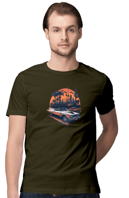 Men`s t-shirt with prints Beautiful car at sunset. Auto, sun, sunset. 2070702