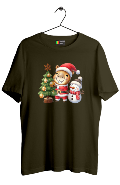 Men's t-shirt with prints Christmas Capybara with a Tree. Animal, capybara, christmas, christmas capybara, christmas tree, gift, holiday, new year, new year`s gift, santa. 2070702