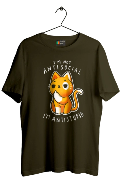 Men`s t-shirt with prints I'm not antisocial, I'm antistupid. Antisocial, antistupid, cat, cynicism, hate, humor, irony, joke, meme, sarcasm. 2070702