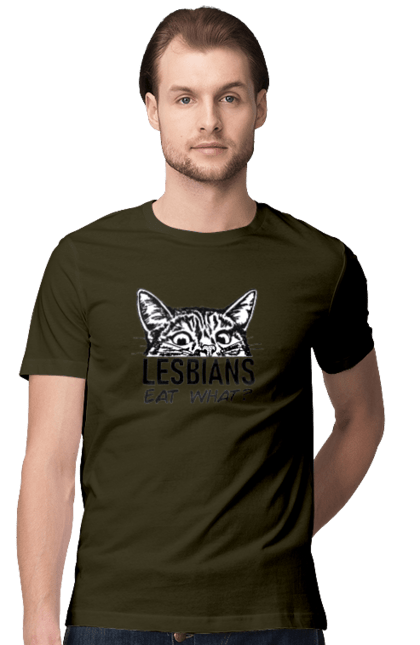 Футболка чоловіча з принтом "Lesbians eat what?". Гумор, котики, лгбт, лесбіянки, приколи, смішні написи. 2070702