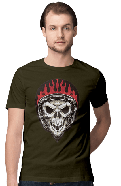 Men`s t-shirt with prints Skull in a motorcycle helmet. Helmet, moto, skeleton, skull. 2070702