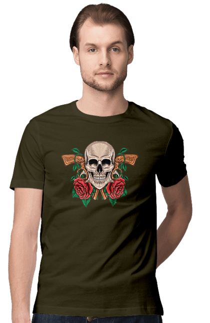 Men's t-shirt with prints Skull with roses. Bones, eyes, flowers, gun, leaves, rose flower, scull, spikes, teeth. 2070702