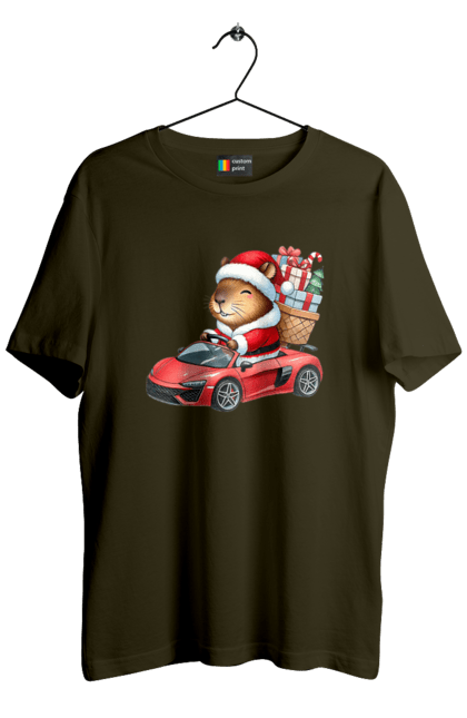 Men's t-shirt with prints Christmas Capybara with a Gift. Animal, capybara, car, christmas, christmas capybara, gift, holiday, new year, new year`s gift, santa. 2070702