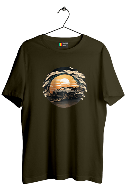 Футболка чоловіча з принтом "Додж на заході сонця". Авто, автомобіль, додж, машина, машини. 2070702