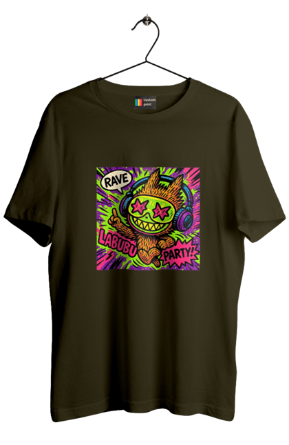 Футболка чоловіча з принтом "Лабубу". Вечірка, вуличне мистецтво, графіті, зоряніочі, коміксстиль, лабубу, навушники, неон, попарт, рейв. 2070702