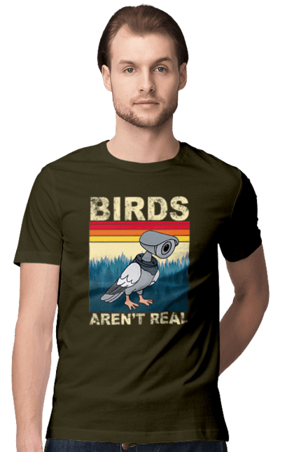 Men's t-shirt with prints Birds aren't real. Bird, camcorder, camera, conspiracy, pigeon, reality, surveillance. 2070702