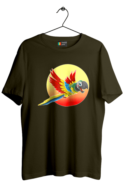 Футболка чоловіча з принтом "Папуга На Тлі Сонця". Ара, веселий, відпочинок, відпустка, диск, жарко, жовтий, коло, кольоровий, крила, літає, літо, папуга, папужка, пір`я, політ, помаранчевий, птах, різнокольоровий, сонце, сонячно, спека, тепло, тропіки, у польоті, червоний. 2070702