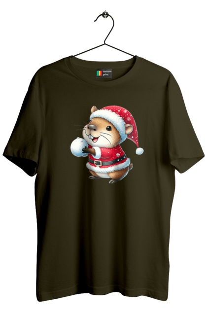 Men's t-shirt with prints Capybara playing snowballs. Animal, capybara, christmas, christmas capybara, game, gift, holiday, new year, santa, snowballs. 2070702