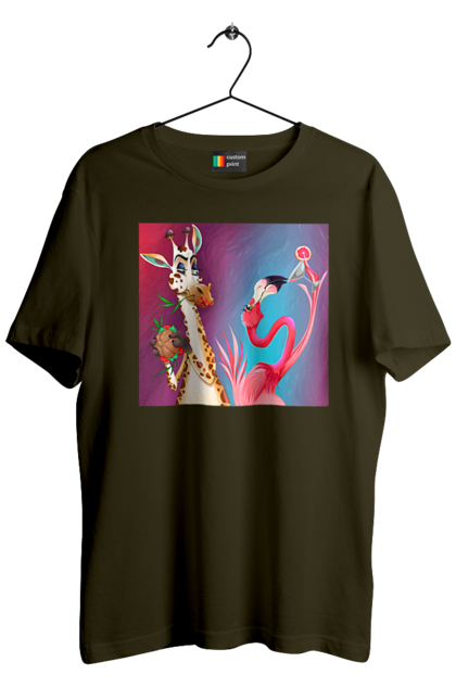 Футболка чоловіча з принтом "Жираф І Фламінго На Вечірці". Жираф, їжа, коктейль, фламінго. 2070702