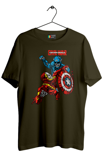 Футболка мужская с принтом Железный человек vs Капитан Америка. Captain america, civil war, iron man, marvel, marvel comics, железный человек, капитан америка, марвел, мстители, тони старк. 2070702