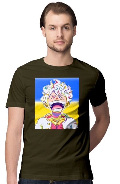 Monkey D Luffy laughing on a yellow blue background