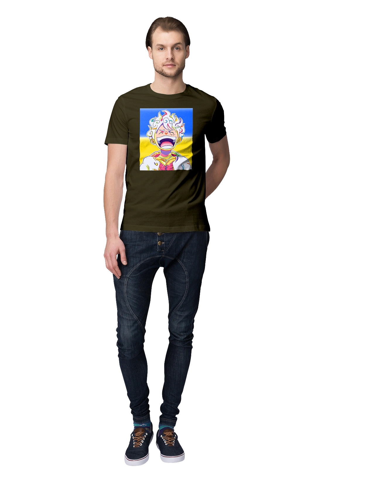 Monkey D Luffy laughing on a yellow blue background