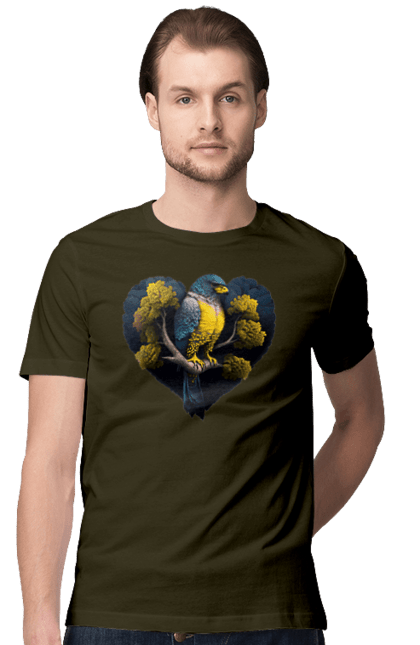 Футболка чоловіча з принтом "Синьо жовтий сокіл". Дерево, прапор україни, серце, символ україни, сокіл, україна. 2070702