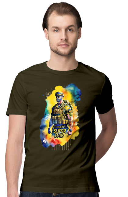 Футболка чоловіча з принтом "Супер тато ЗСУ". День батька, день тата, зсу, люблю тата, супер, супер тато, супер тато зсу, тато, тато зсу, україна. 2070702