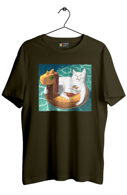 Футболка чоловіча з принтом "Білий кіт у плавальному колі, на відпочинку". Басейн, відпочинок, кіт, коктейль, море, плавальний круг. 2070702