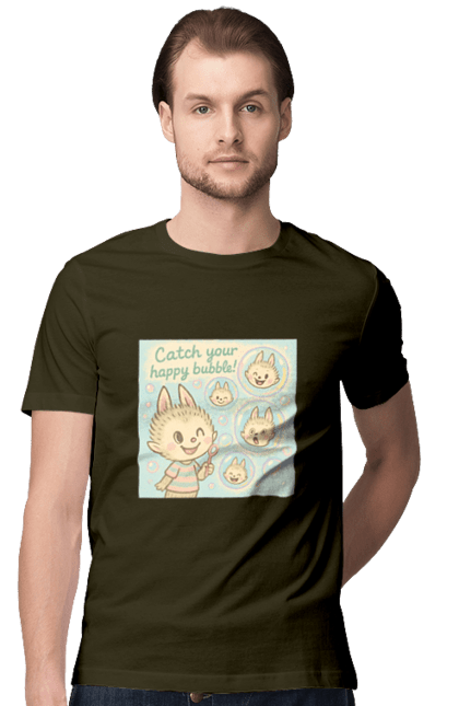 Футболка чоловіча з принтом "Лабубу". Бульбашки, грайливо, каваї, казково, лабубу, милаілюстрація, ніжнікольори, пастельнамистецтво, щасливі бульбашки. 2070702